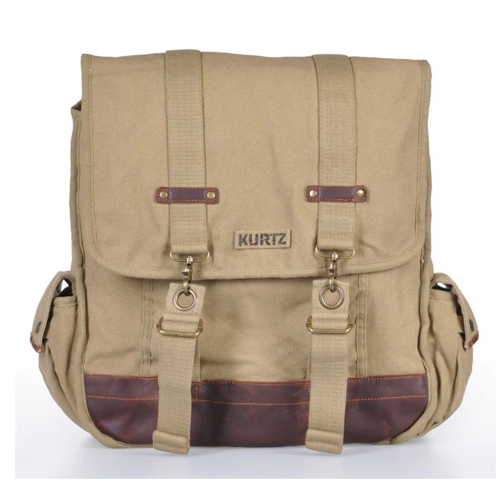 A. Kurtz Maplewood Courier Backpack leather Canvas Paratrooper Khaki Cotton Tan‎